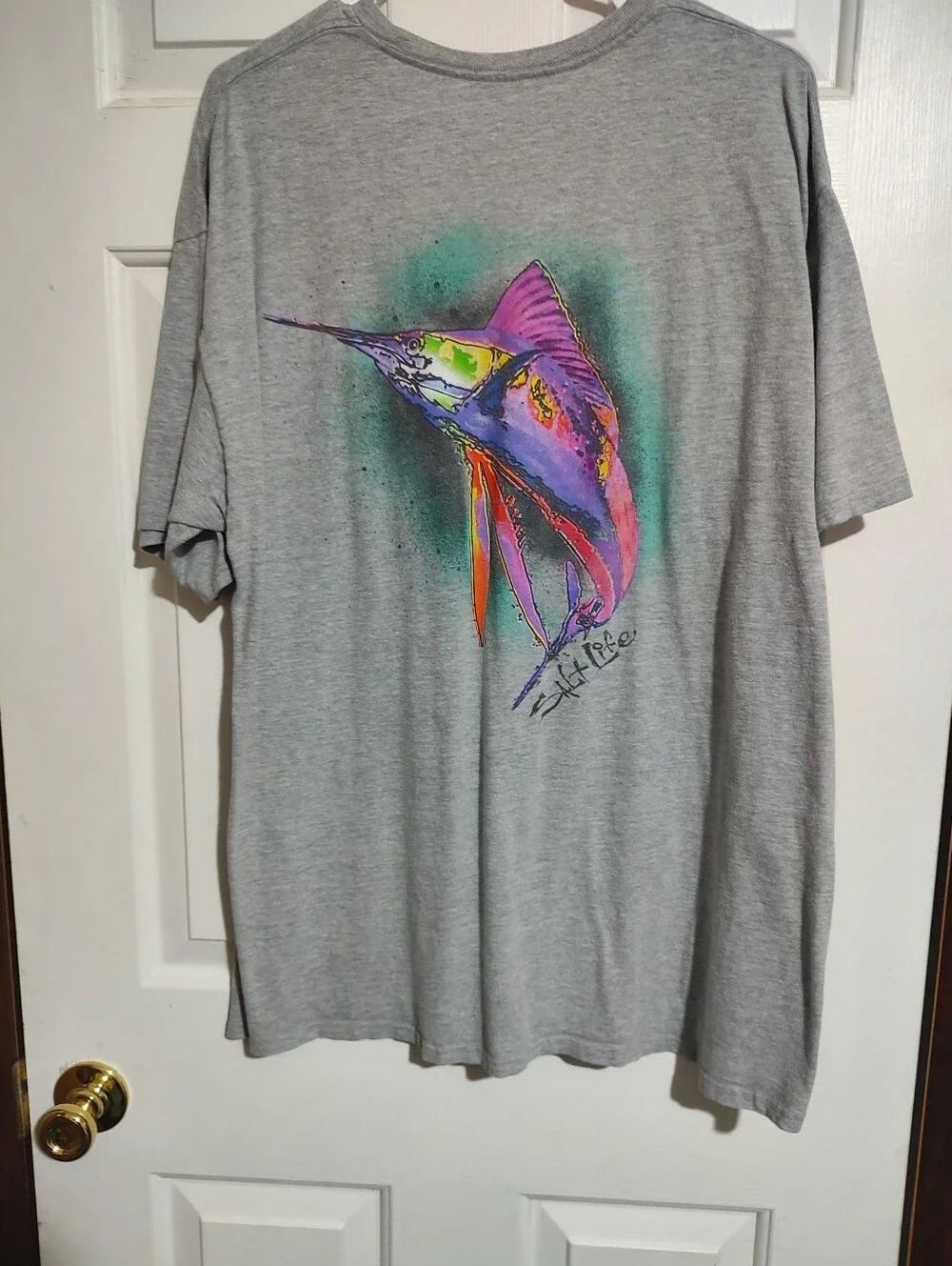 Salt Life Gray Tee with Multicolor Marlin Art